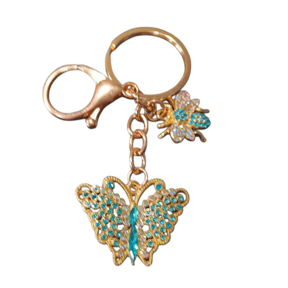 Beautiful Lt.Blue Rhinestone Butterfly Bumblebee Gold Tone Keychain Purse Charm